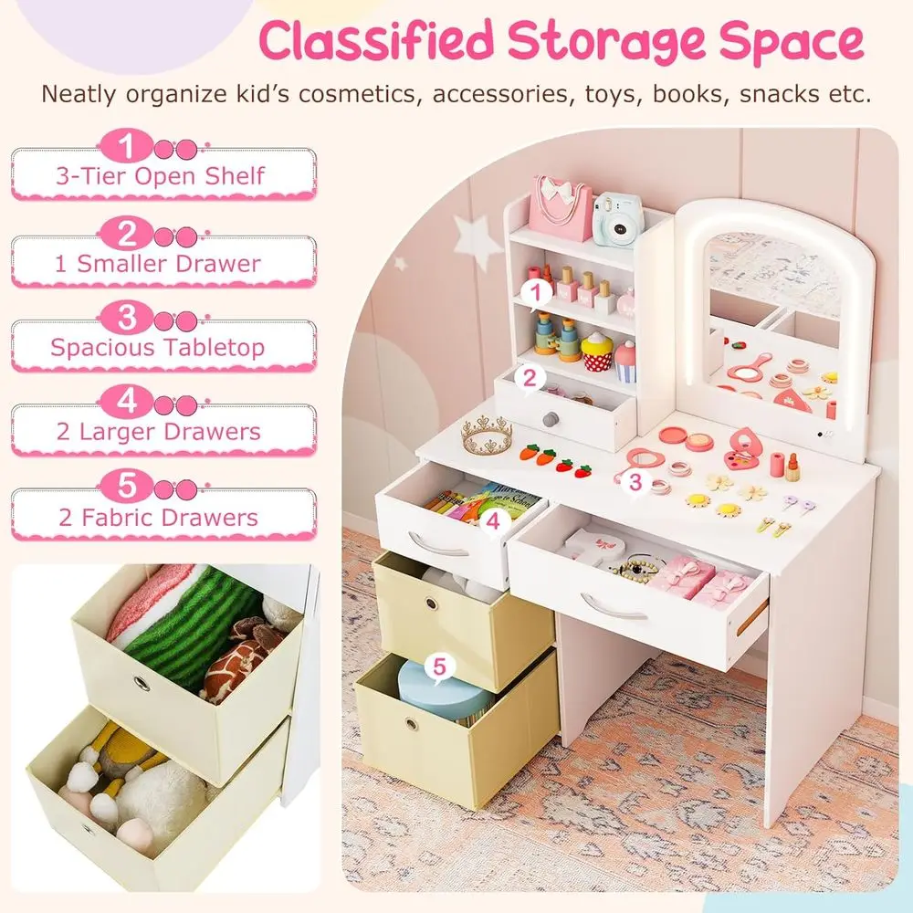 طقم فانيتي للأميرة البيضاء مع مرآة مضاءة، ومكتب مكياج، ومقعد، وأدراج وأرفف للفتيات الصغيرات