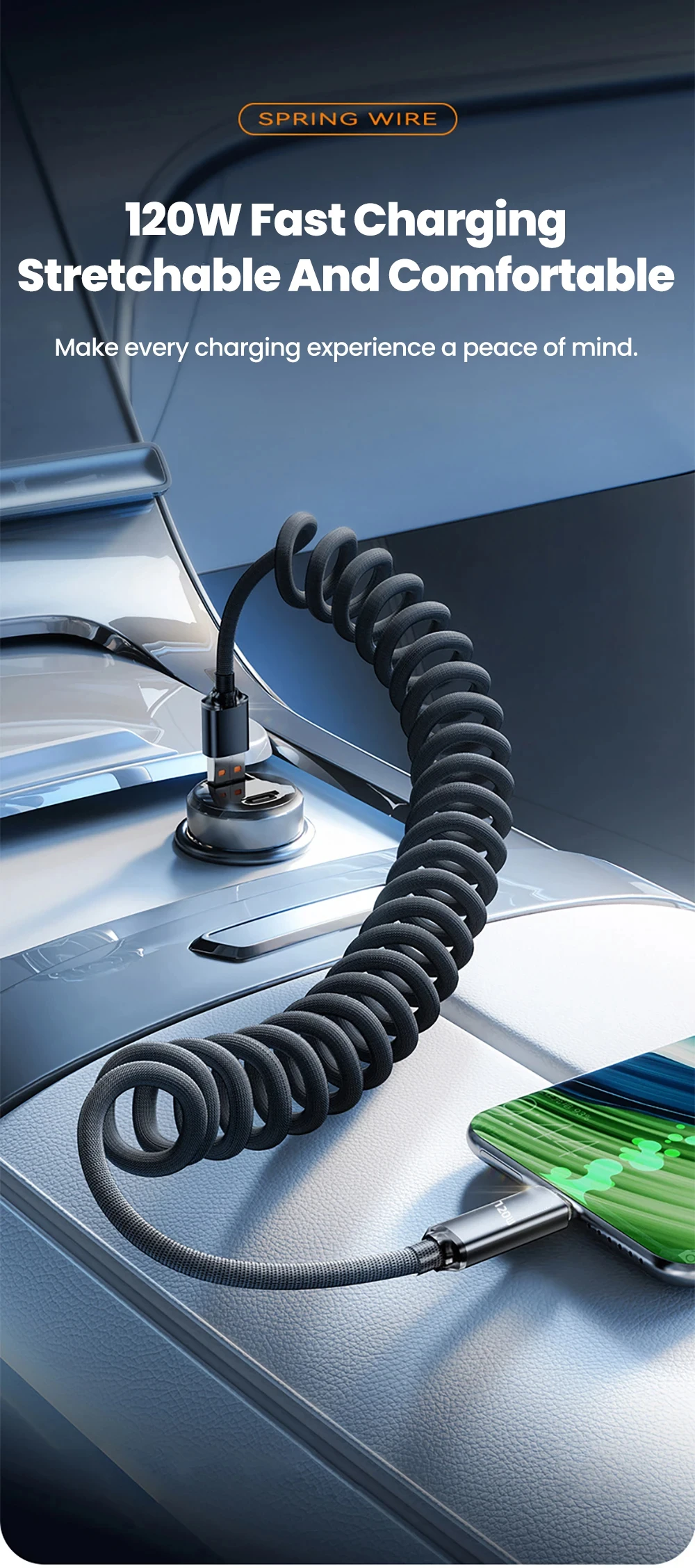 NNBILI 120W Auto Typ-C zu USB-C Schnellladekabel für iPhone 18 17 USB-A zu Typ-C Teleskopkabel für Samsung Xiaomi Huawei – Detail 1