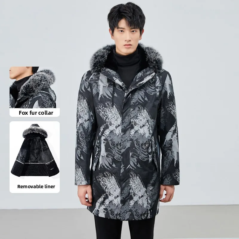 Men's Mid-Length Parka Coat Rabbit Fur Lined Detachable Hood Winter New Sle Commute Sle Zipper Closure Long Sve Coat