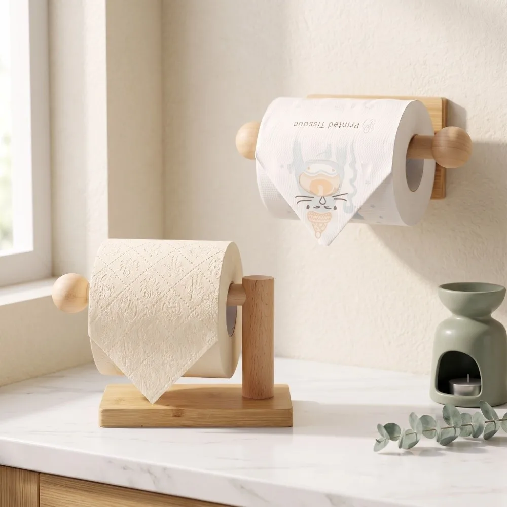 Wood Grain Bamboo Toilet Paper Holder Wood Grain Drill-Free Paper Towel Rack Retro Sturdy Desktop Tissue Stand Bathroom