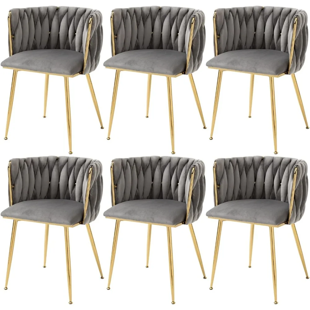 Woven Dining Chairs Set of 6, Velvet Upholstered Dining Chairs with Gold Metal Legs, Modern Accent Chairs