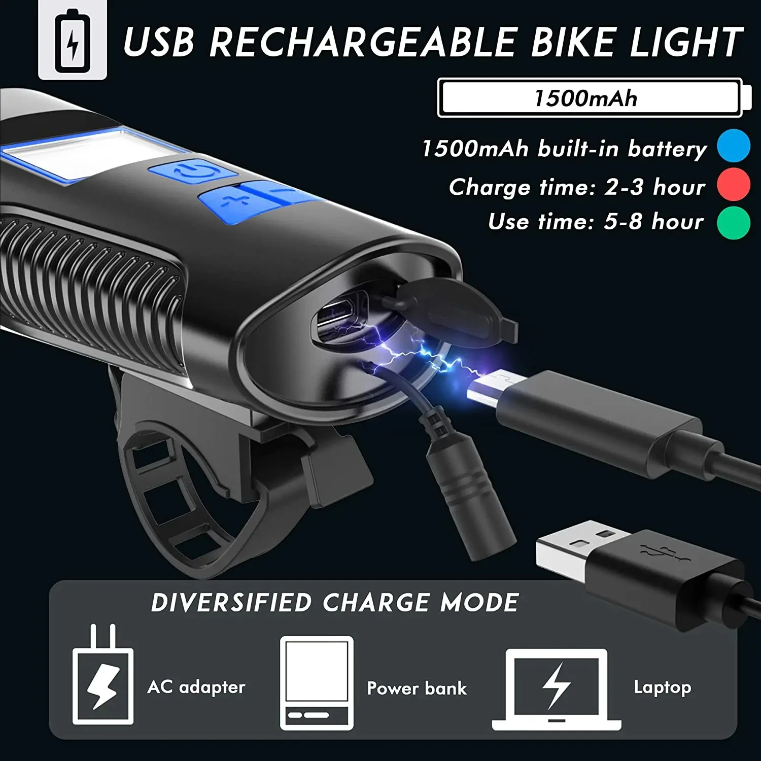 3 in 1 Bicycle Front Light with Horn Bike Light USB Rechargeable Waterproof Speedometer Cycling Accessories for Mountain Bike