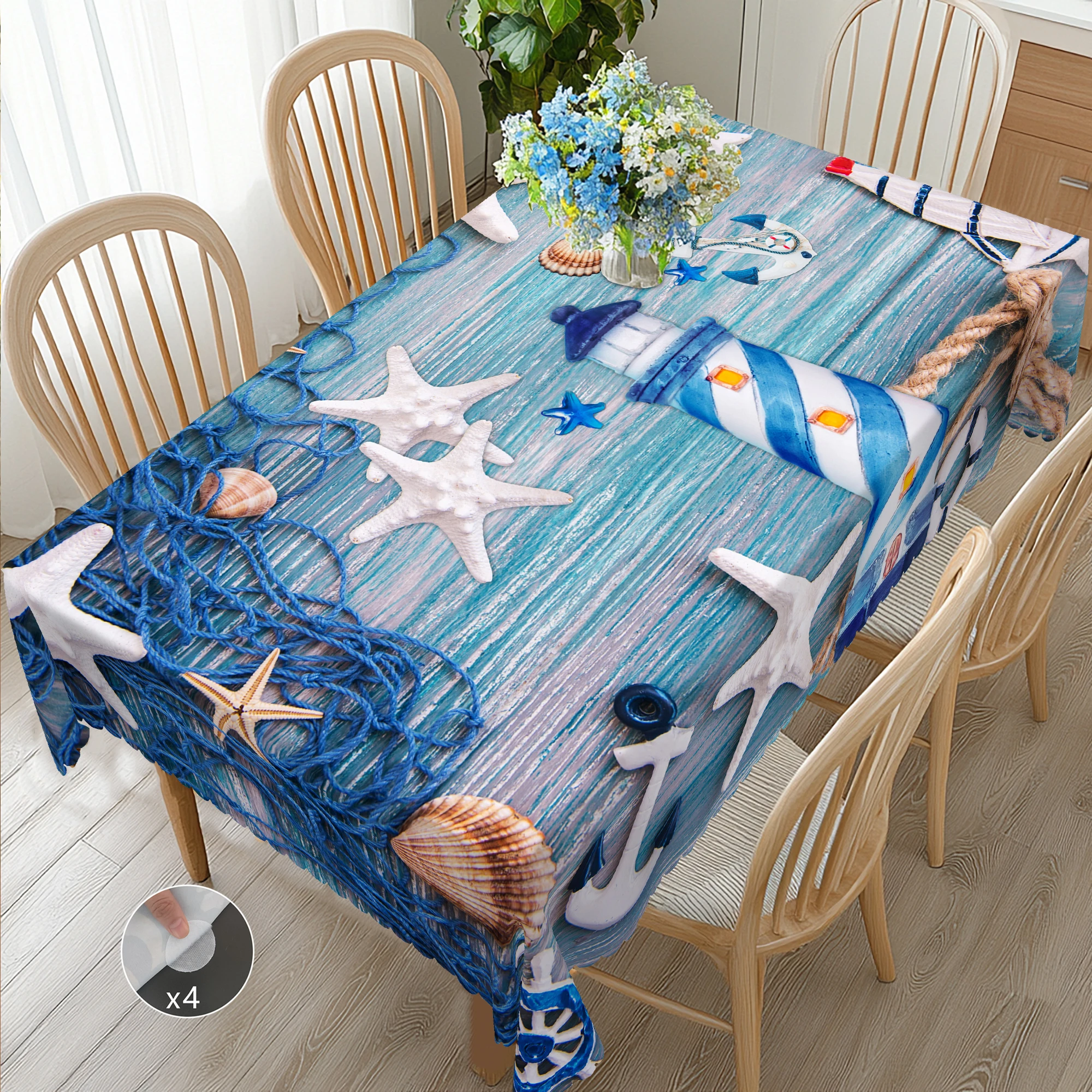 1 Piece of Summer Retro Ocean Theme Tablecloth, Wooden Bottom, Anchor, Starfish, Shell, Lighthouse Pattern Decoration
