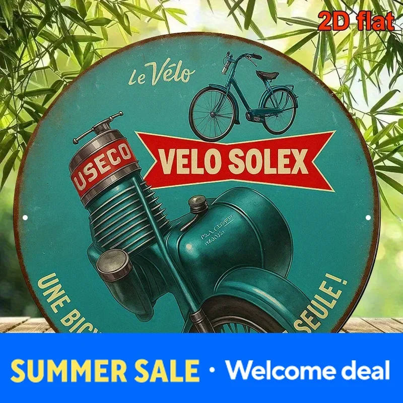 A Vintage Decorative Sign Featuring Round Aluminum Plaque in French about'Velo Solex Bicycles',Perfect for Adorning Living Ro