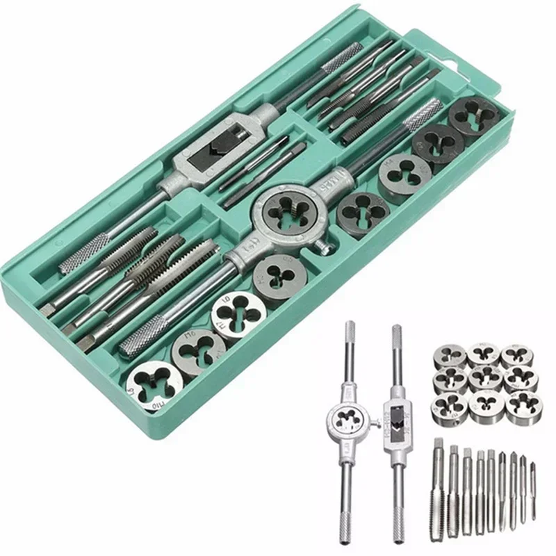 

20Pcs Metric Hand Tap and Die Set M3-M12 Screw Threaded Plug Straight Cone Reamer Tool Taper Tapping and Thread Tap Die Tools