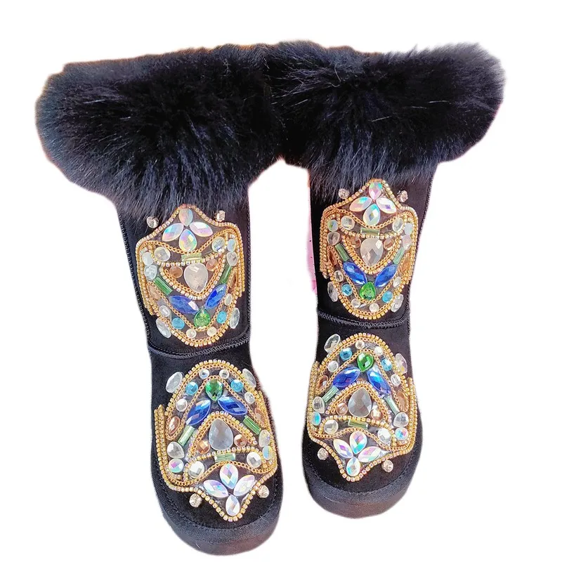 2023 Winter Warm Plush Women Mid-Calf Boots with Rhinestones Retro Crystal Cow Suede Leather Fluffy Fur Flat Outdoor Shoes Woman