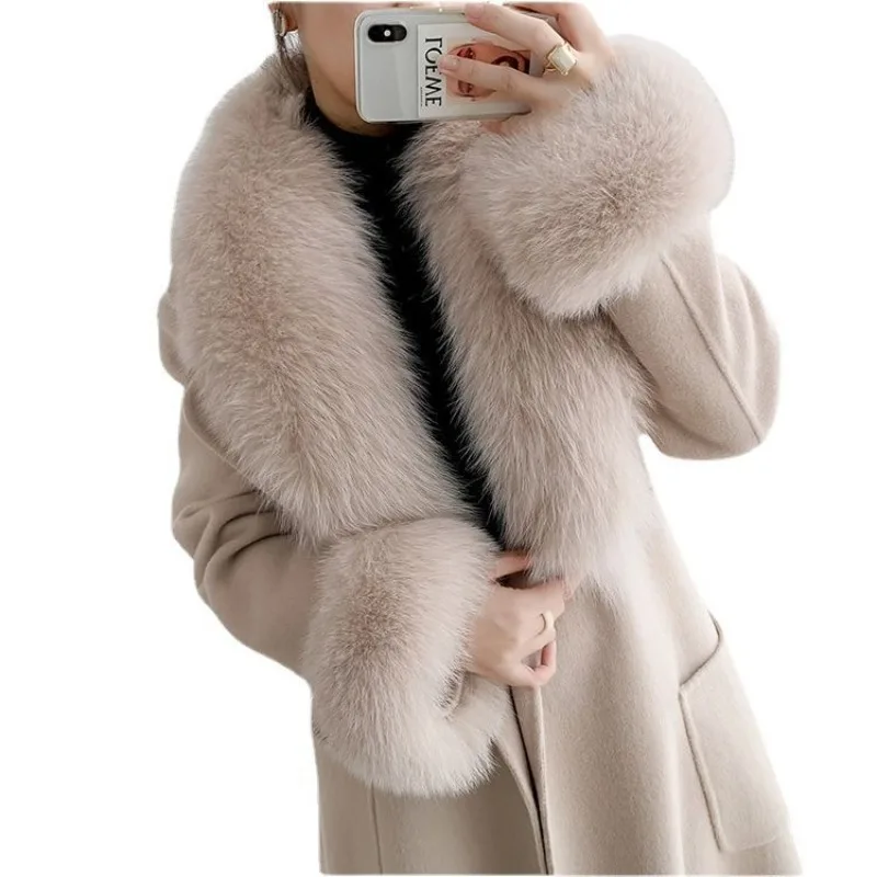 Reversible cashmere woolen coat 2025 autumn and winter new Korean version of fox big fur collar long slim skirt jacket for women