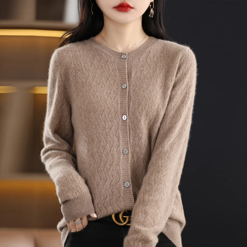 Fashion Button O-neck Sweater Wool Cardigan Women High Street Wave Hollow Out Autumn Winter Casual Knit Long Sleeve FemaleTops