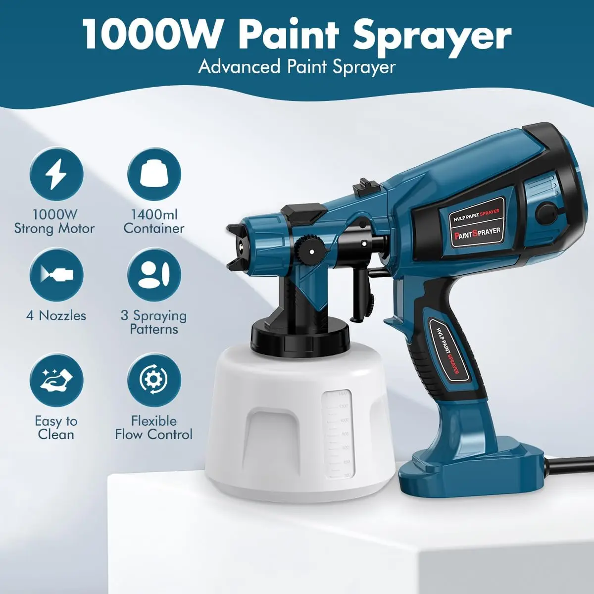 Paint Sprayer High Power Electric Spray Paint Gun With Adjustable Spray Width Knob,1400Ml Container,4 Nozzles & 3 Patterns,Easy