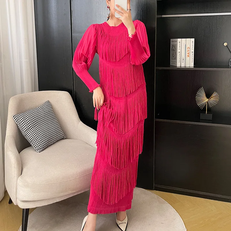 

Miyake Autumn New Women's Dress Slim Fit Pleated Fringe Cake Dress Elegant Summer Long Sleeved Maix Dress