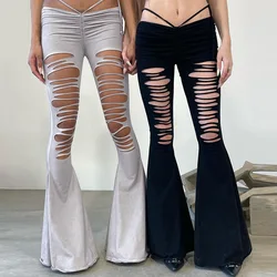 2023 Fashion Women's Summer Skinny Hollow Casual Long Flared Pants Sexy Lace Up Low Waist Solid Color Slim Bottom Trousers