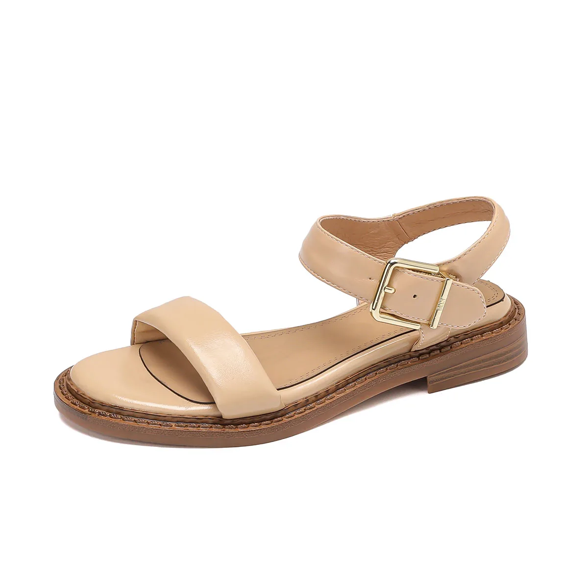 

Arden Furtado Summer Apricot sheepskin Flat Sandals Round toe Belt buckle platform Sandals Casual One word buckle Sandals