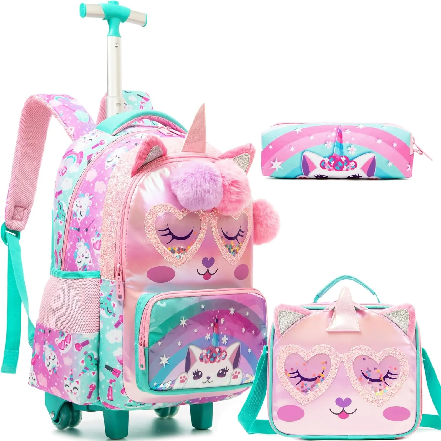 Rolling Backpack for Girls Kids Travel Suitcase with Wheels Cute Animal Carry on Luggage for Elementary Student Kids Trolley Bag