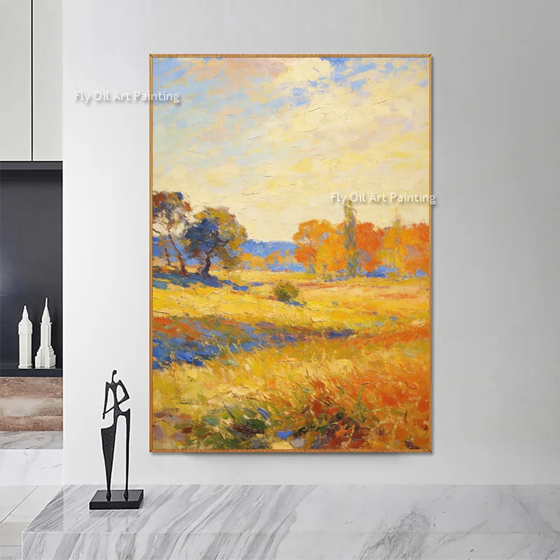 Simplism Artwork Golden Yellow Field Canvas Thick Wall Art Decor For Room Hand Painted Orange Green Sunset Landscape Oil Paintin