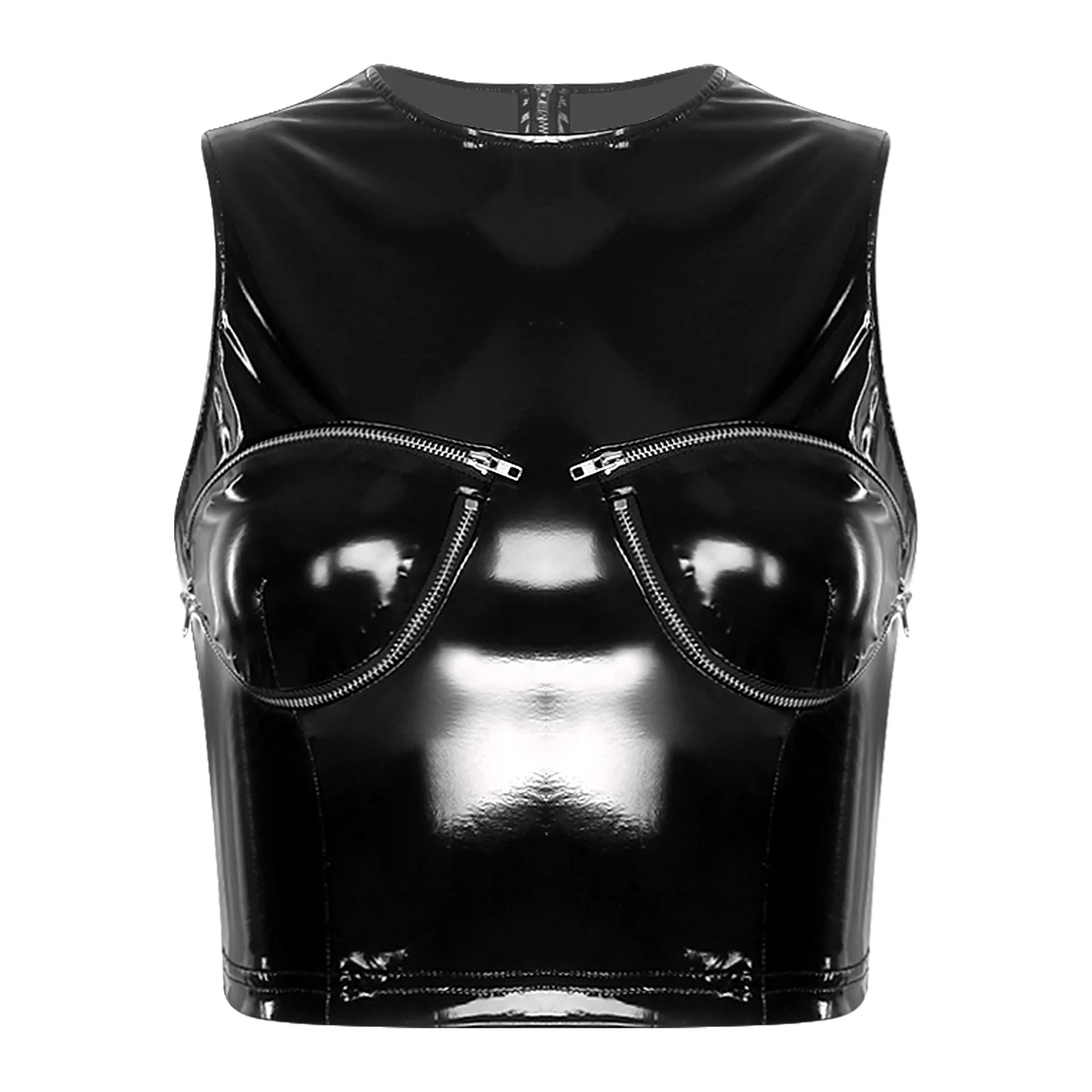Wet Look Camisole for Womens Glossy Patent Leather Latex Vest Tops Sleeveless Zipper Cups Crop Top Tank Top Carnivals Clubwear