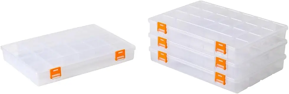 

4 Pack Fixed 21 Grid Clear Plastic Storage Box, Transparent Organizer for Small Parts, Beads, Jewelry, Craft Supplies, Sewing