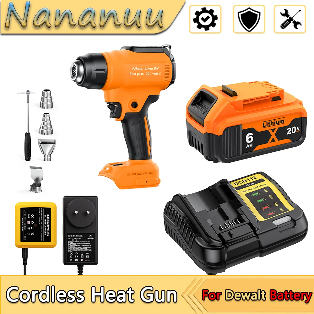 Nananuu Akku-Heißluftpistole, einstellbare Temperatur, tragbare Batterie-Schrumpfpistole mit 4 Düsen für Dewalt 20 V Batterie