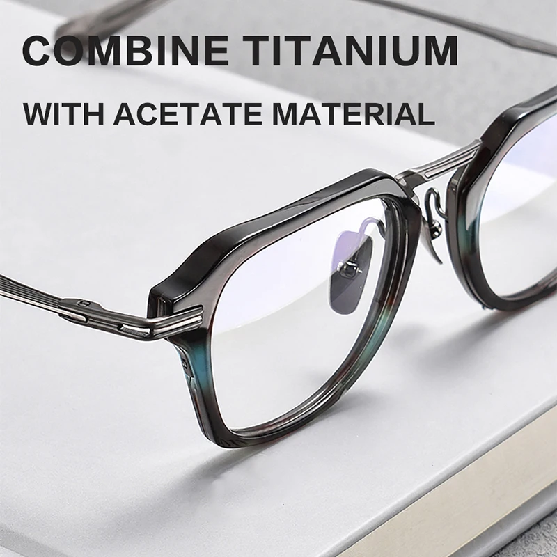 QONOIC Men's Glasses Frame Pure Titanium Acetate Anti Blue Light Retro Fashion Eyeglasses Designer Spectacle AT35413