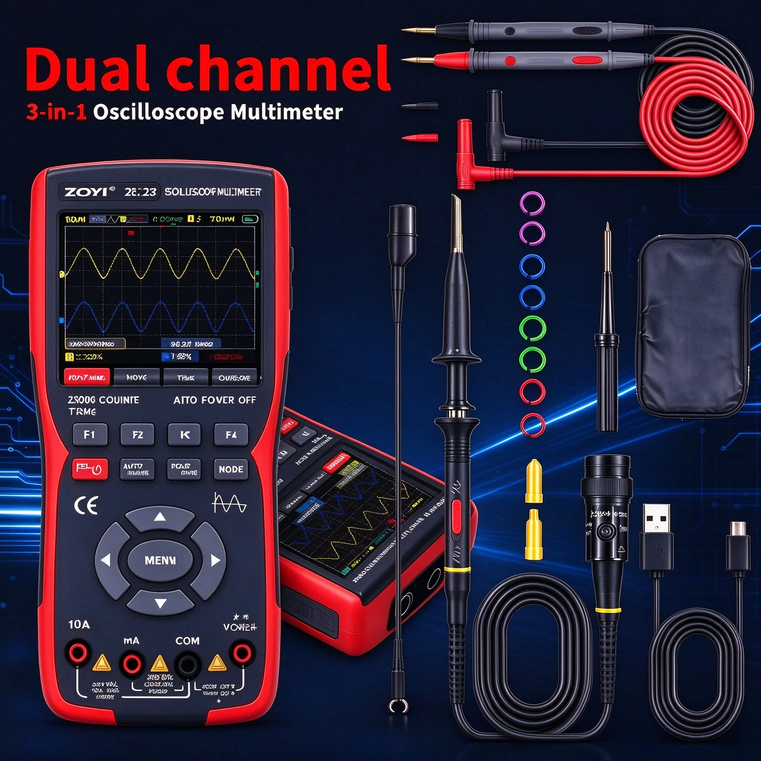 Zoyi Multimeter ZT-703S Automatic 3-in-1 Dual-Channel 25000 Count 50MHZ Oscilloscope Multimeter kit with Signal Generator Tester