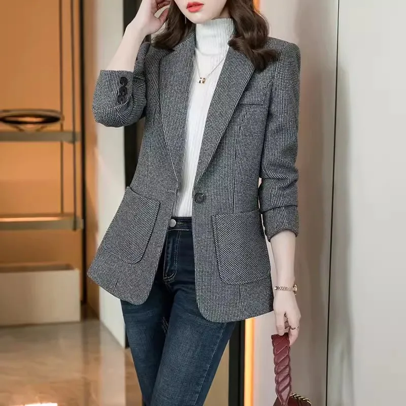 Temperament Waist Short Suit Jacket Female Spring Autumn New Fashion Suit Collar Long-Sleeve Pockets Straight Blazer Women W416