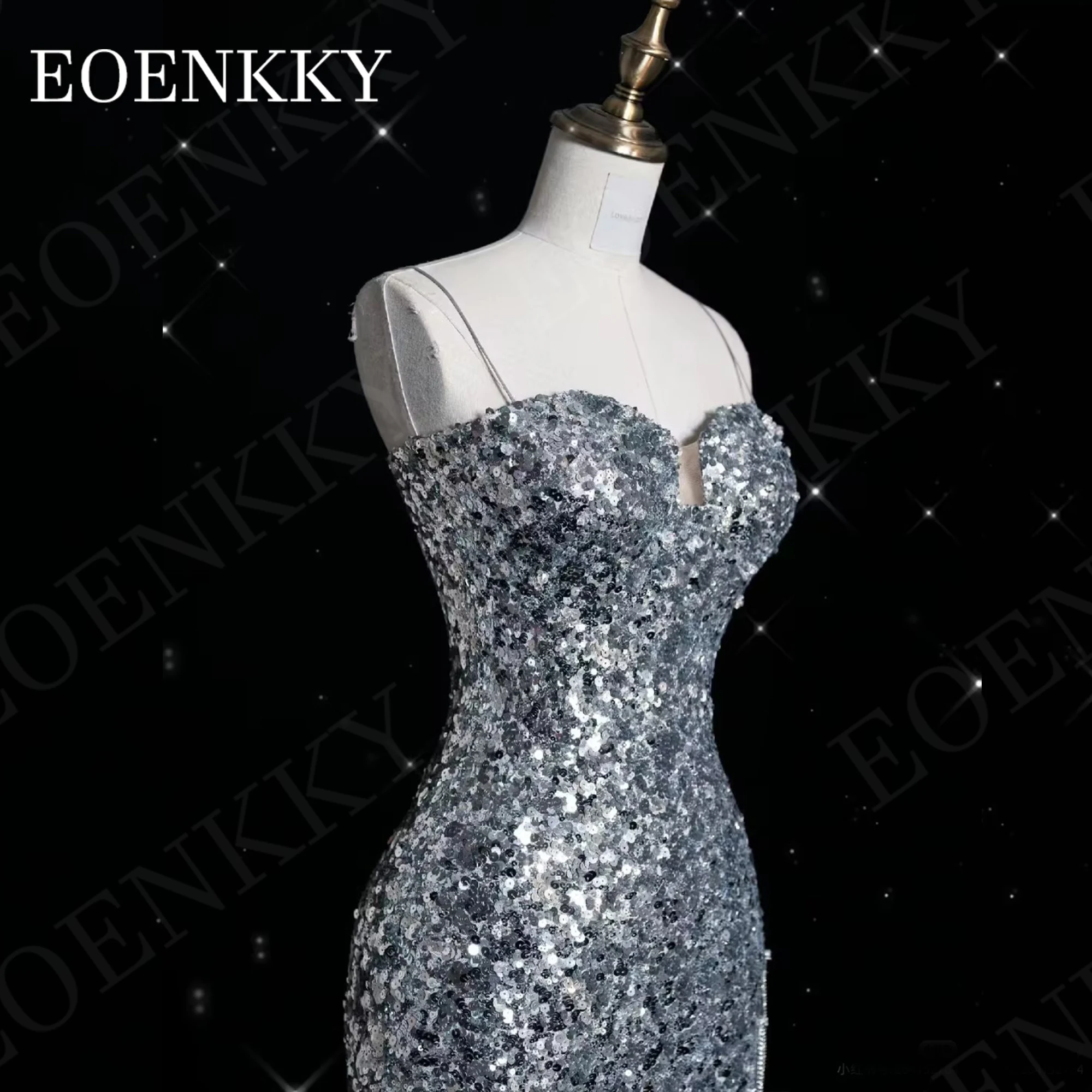 Elegant Evening Dresses For Women Luxury Mermaid Sequin Sexy Party Dress Floor Length Silver فساتين سهره سعوديه Spaghetti Straps