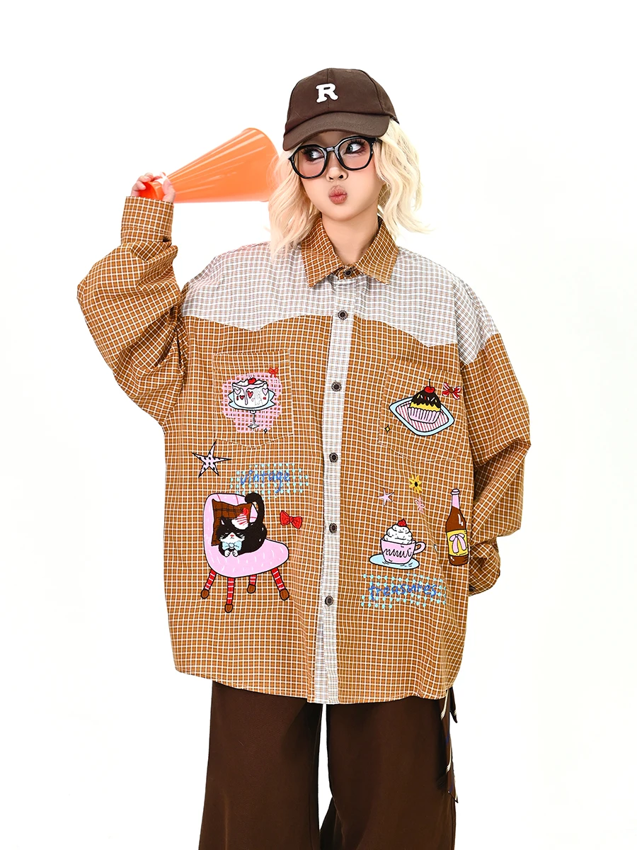 

Новинка Весна 2026: Женская свободная рубашка в мультяшную клетку с длинным рукавом, винтажный преппи-стиль, японский крой BF, свободный крой, топ