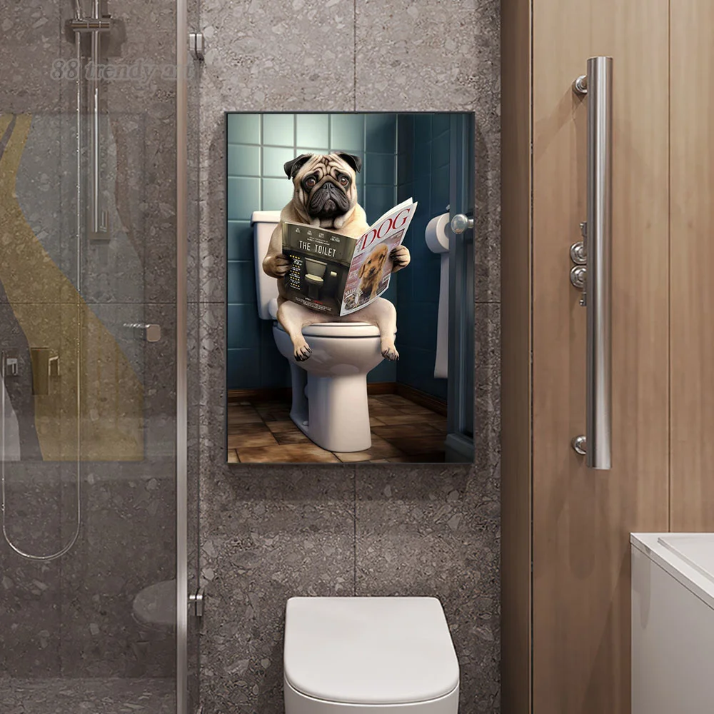 Funny Animals on The Toilet Reading A Book Poster and Prints Canvas Painting Vintage Home Bathroom Toilet Wall Art Decor Mural
