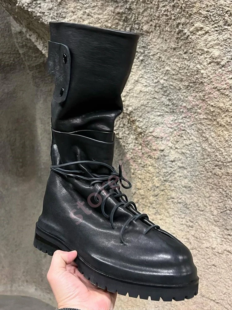 

2026 Black Retro Men's Pleated Motorcycle Boots Distressed Style Street Style Mid-Calf Boots Platform Casual Western Boots