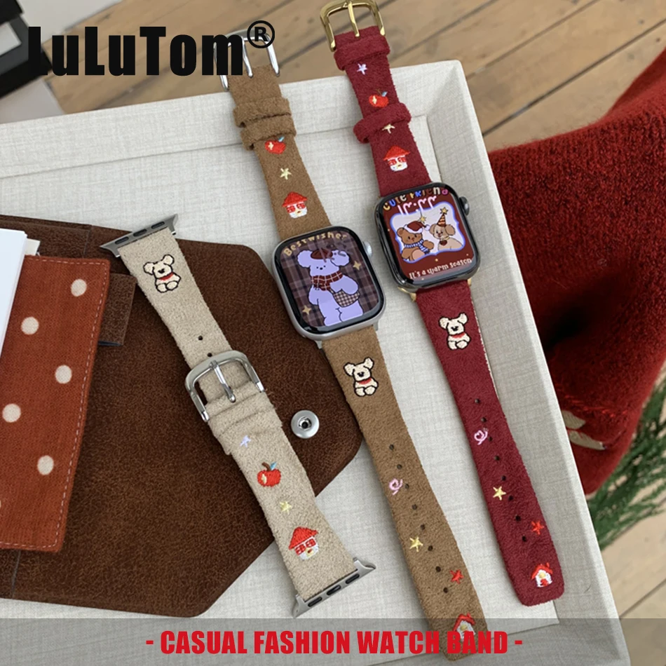 

Ремешок для Apple Watch из замши с вышивкой в виде собаки для серий 11, 10, 9, 8, 7, 6, SE, 5, Ultra 2, iWatch 49/46/45/44/42/41/40/38, браслет-ремешок