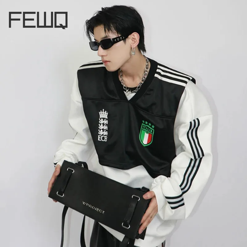 FEWQ Niche Design Shoulder Pad Round Neck Sweatshirt Patchwork Vest Fake Two Pieces Long Sleeved Men's Tops 24E5561