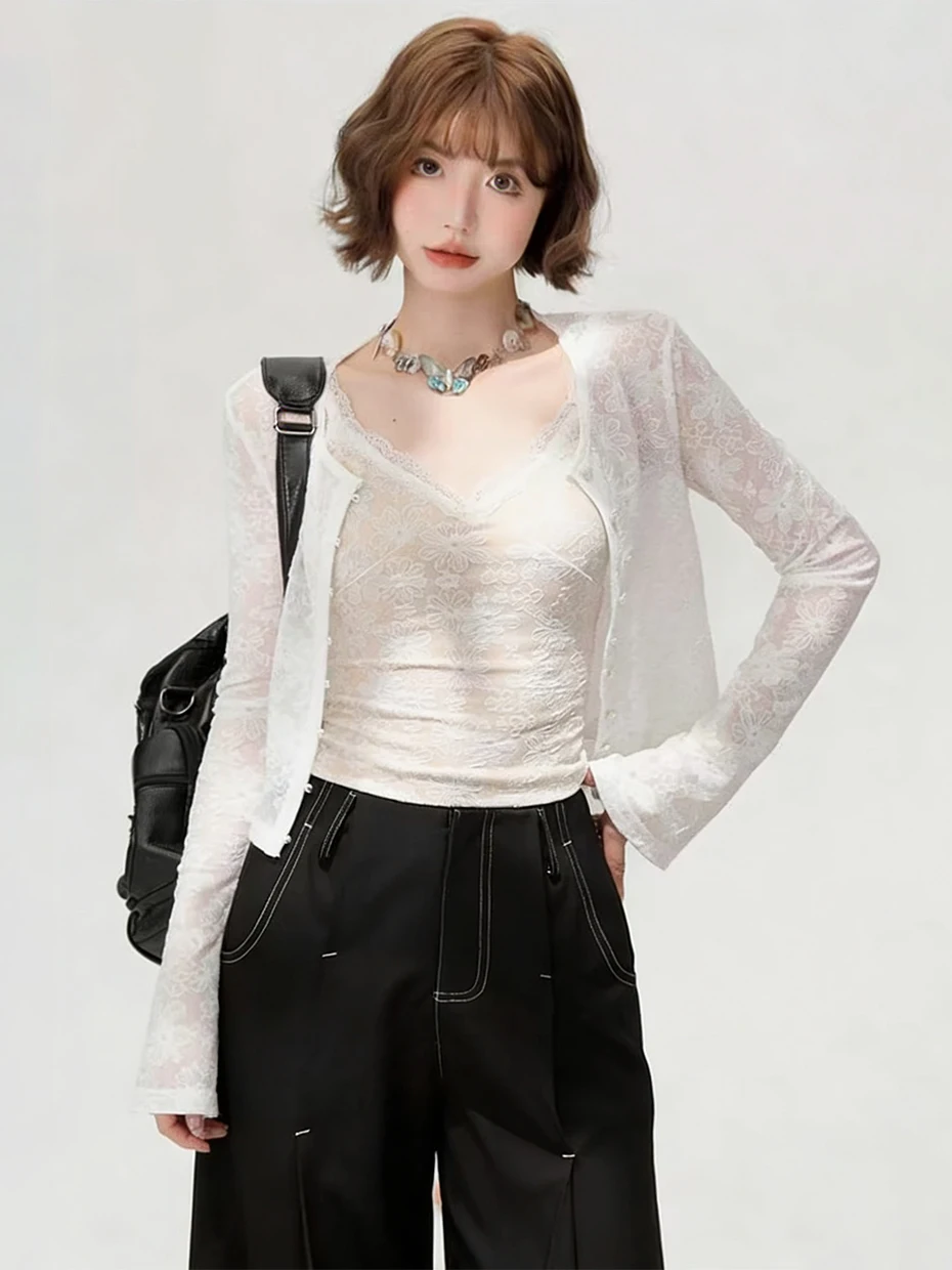 

Комплект из двух предметов: кардиган и шаль из ледяного шелка во французском стиле с кружевом, женская летняя солнцезащитная верхняя одежда, элегантный топ