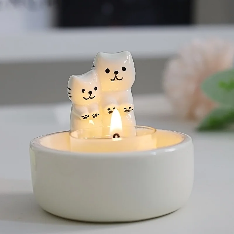 Cute Ceramic Cartoon Kitten Candle Holder Cat Heating Decoration Home Decor Candlestick for Christmas Halloween Candle Holders