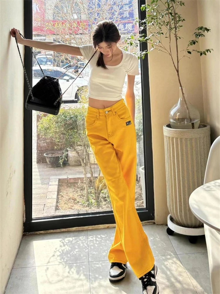 

Women's High Waisted Yellow Summer Pants Vintage Street Style Street Young Girl Bottoms Female Straight Wide Leg Trousers