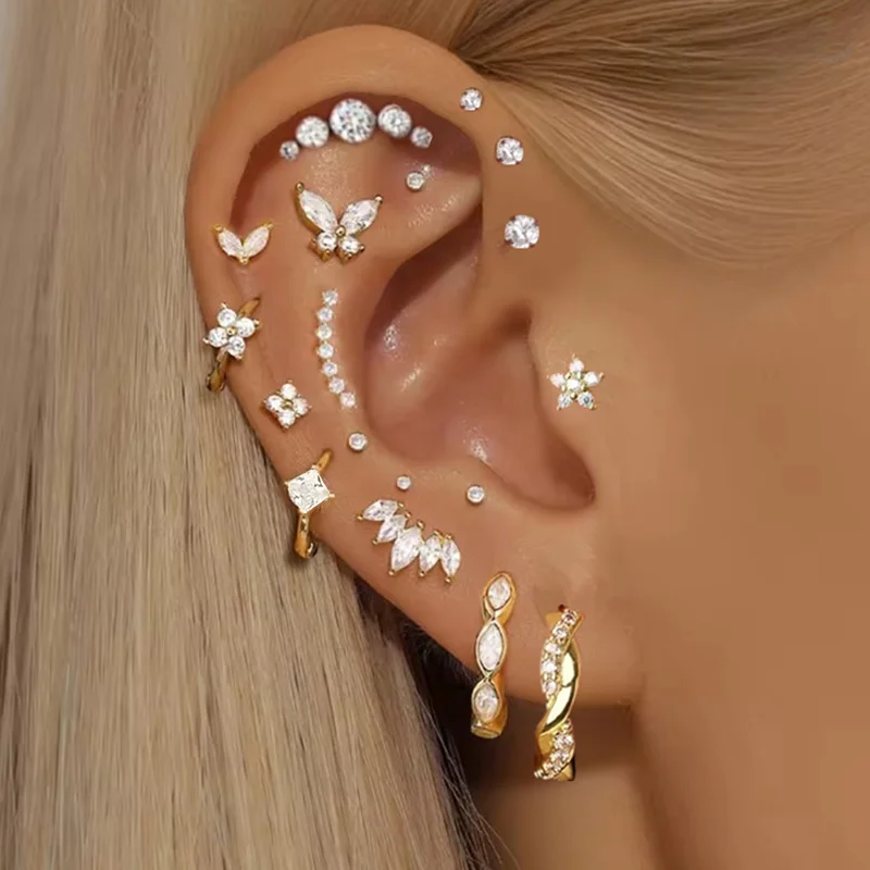 2PCS Stainless Steel Flat Head Tragus Helix Cartilage Piercing Crown Horse Eye Butterfly Stud Earrings For Women Claasic Jewelry