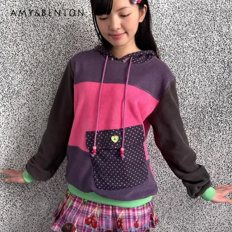 

Original Design Purple Pink Splicing Fleece Hooded Sweatshirt for Women 2025 Autumn Winter New Sweet Cute Versatile Top Ladies