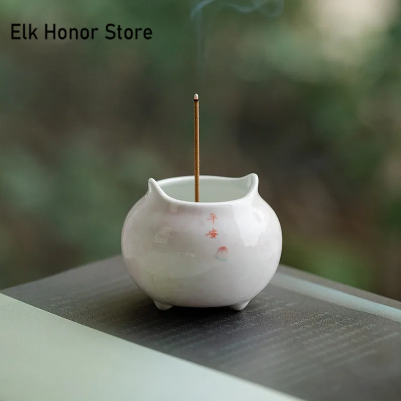 Pure Hand-painted Peach Powder Mini Incense Burner Creative Three Tripod Aromatherapy Furnace Ceramic Household Teaware Ornament