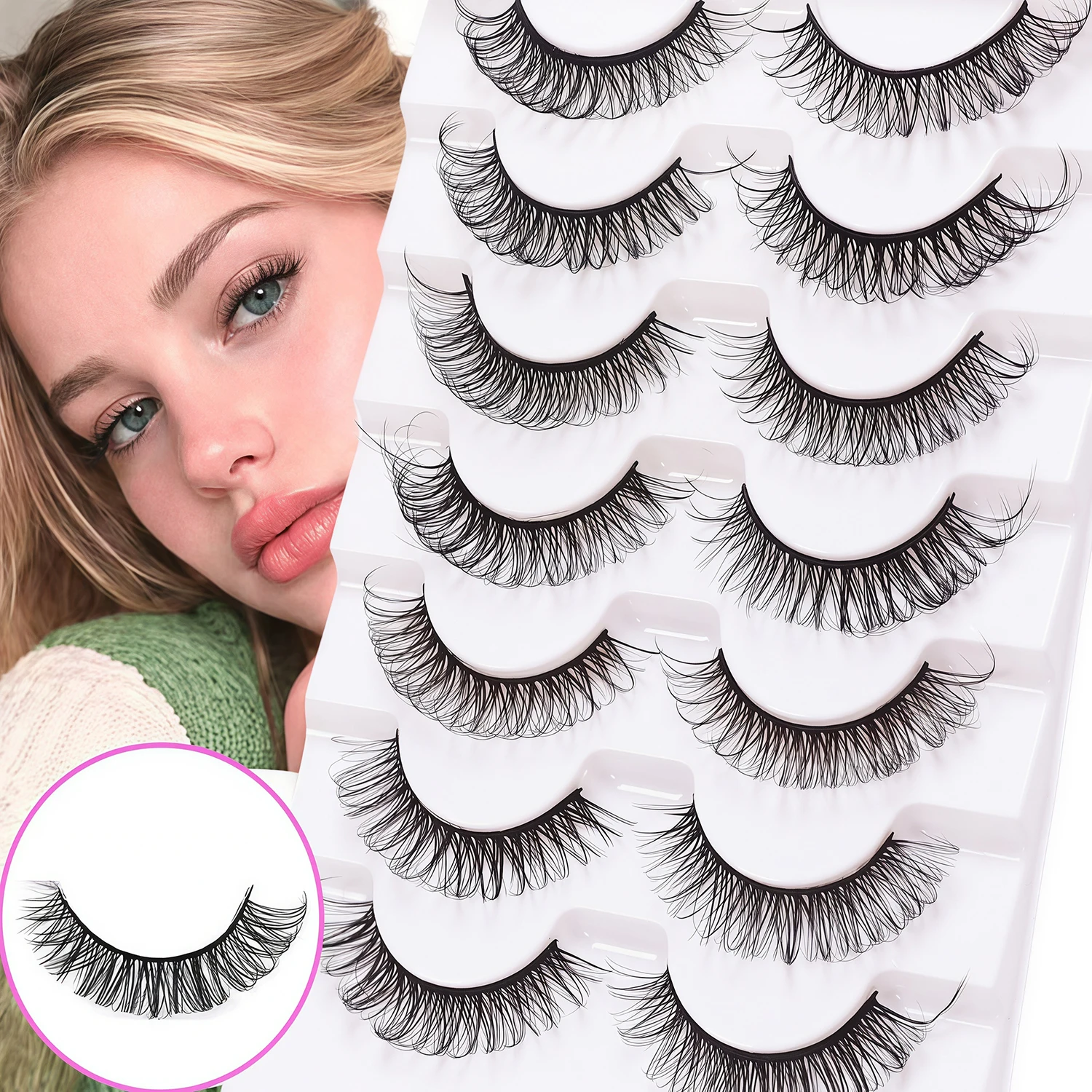 7 pairs of fluffy false eyelashes, naturally multi-layered, plush and thick, with a cartoon style three-dimensional eyelash