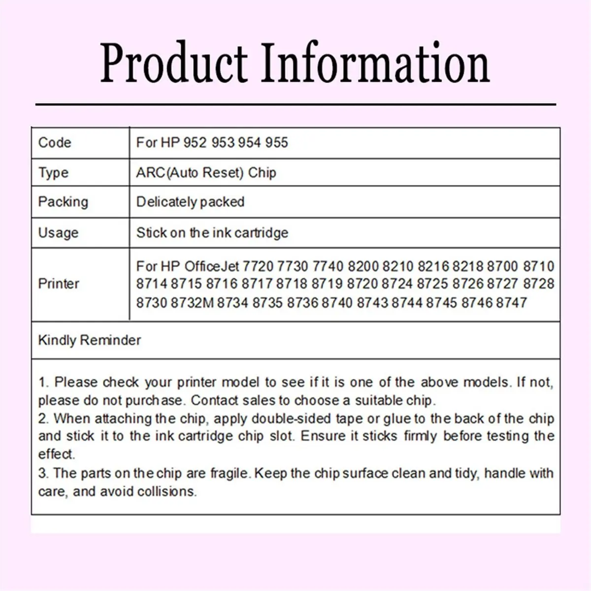 NEW FACTORY~For 952 953 954 955 XL Refill Chip for 7720 7730 7740 8210 8216 8710 8718 8720 8730 Printer