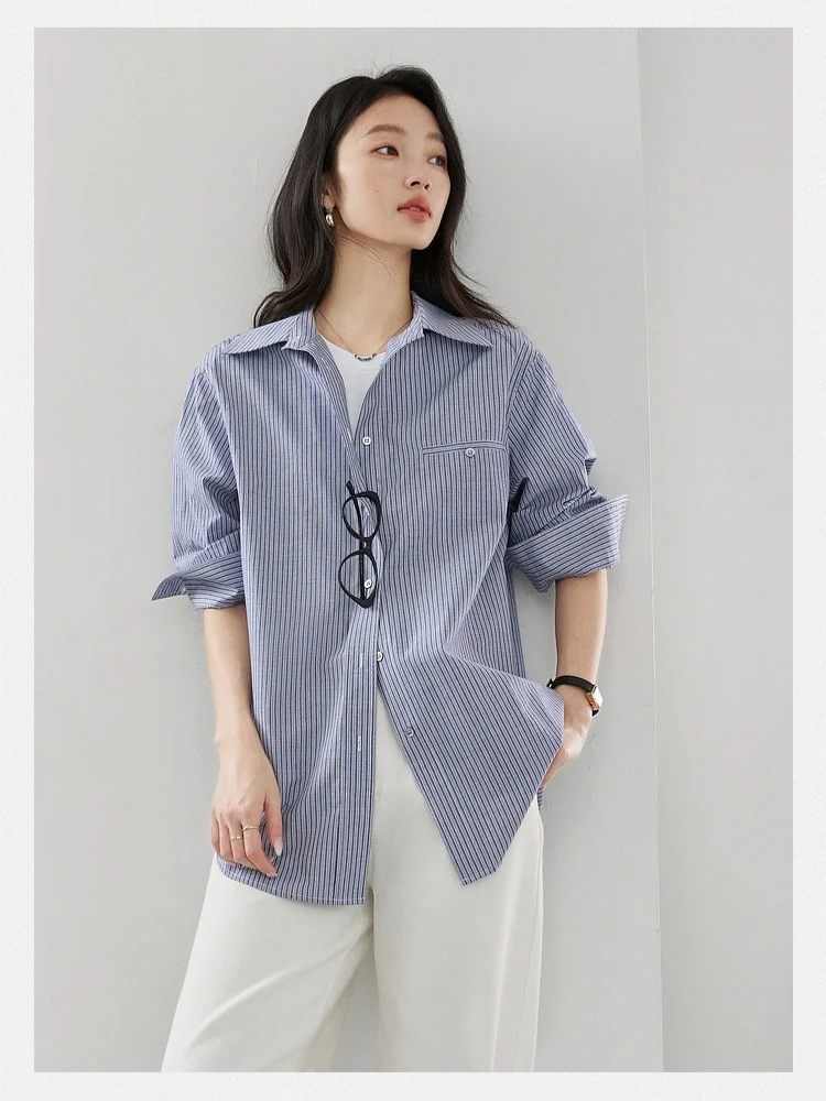 

VIMLY Women's Striped Shirts 2025 Casual Long Sleeve Pure Cotton Loose Blouse for Woman Polo Neck Lightweight Ladies Shirt A0563