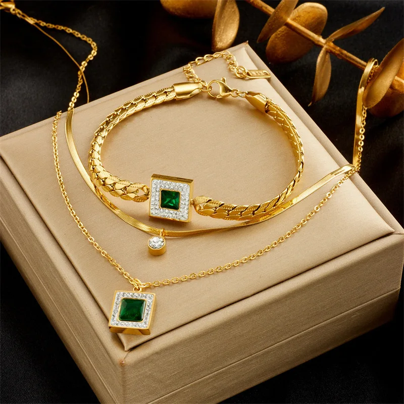

2PCS Stainless Steel Square Green Zircon Pendant Necklace Set for Women Exquisite Statement Dainty Trendy Jewelry Set