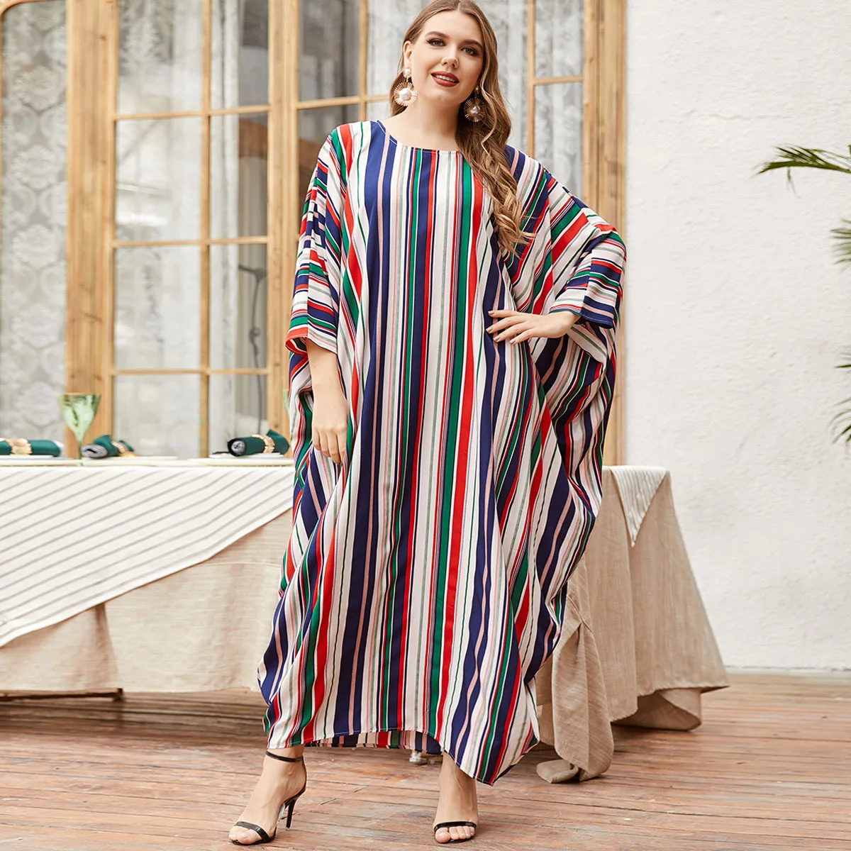 

Muslim Dubai Abaya Bat Sleeves Stripes Women Dress Loose Islam Clothing Abaya African Dresses for Women Musulman Plus-size Dress