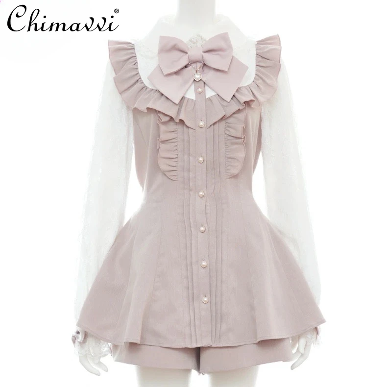 

Japanese SC Love Chain Bow Mine Lace Sleeve Splicing Dress Tops and Shorts Sets Autumn Lolita Ladies Girls Two-piece Set