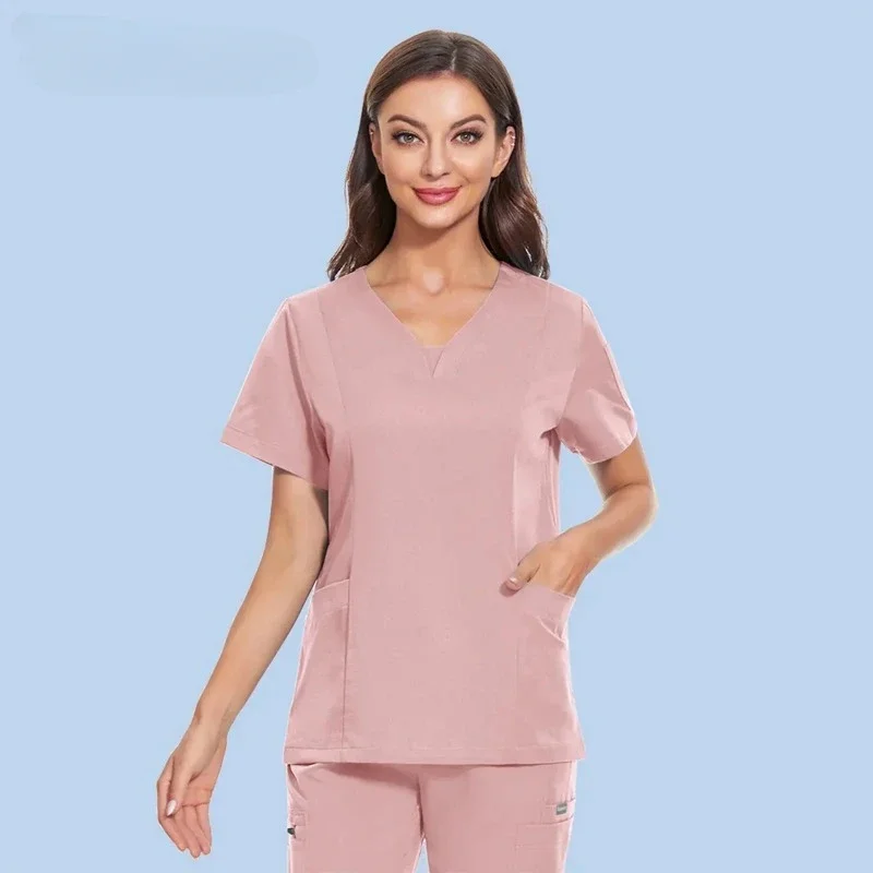 Women Medica Scrubs Tops Nurse Nursing Uniform Short Sleeve V-neck Beauty Blouse Scrub Shirt with Pocket Work Wear Lab Jacket