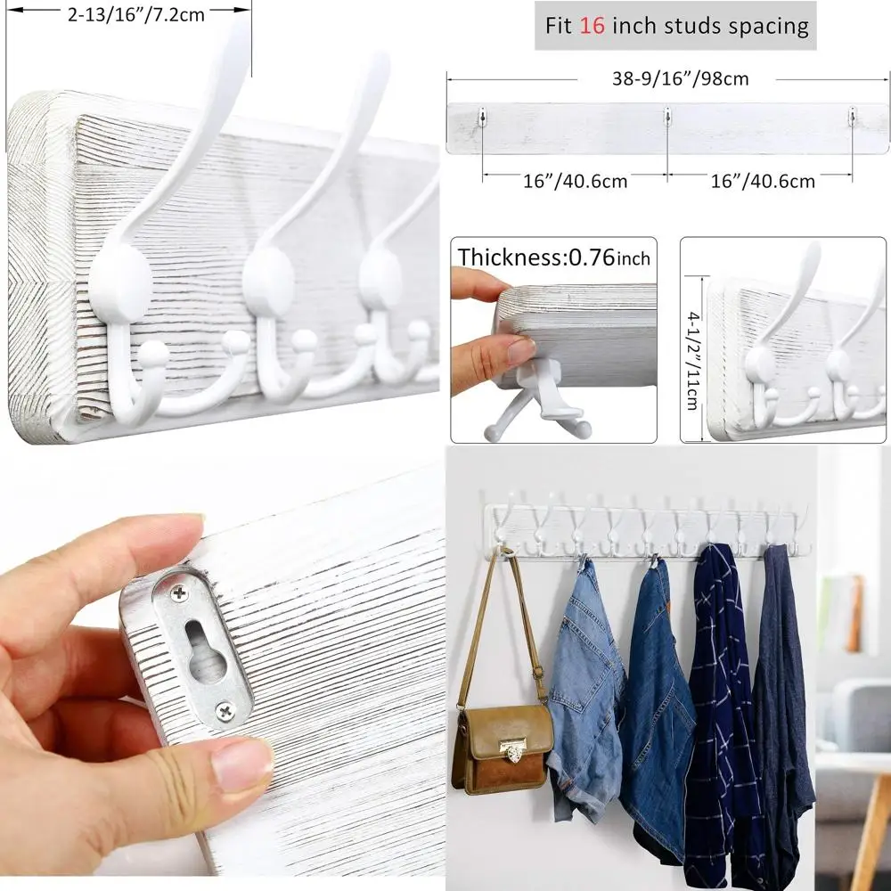

Wall-Mounted Triple Hook Coat Rack, 38.56 Long, Large Wooden Hanger, Rustic White, 2-Pack
