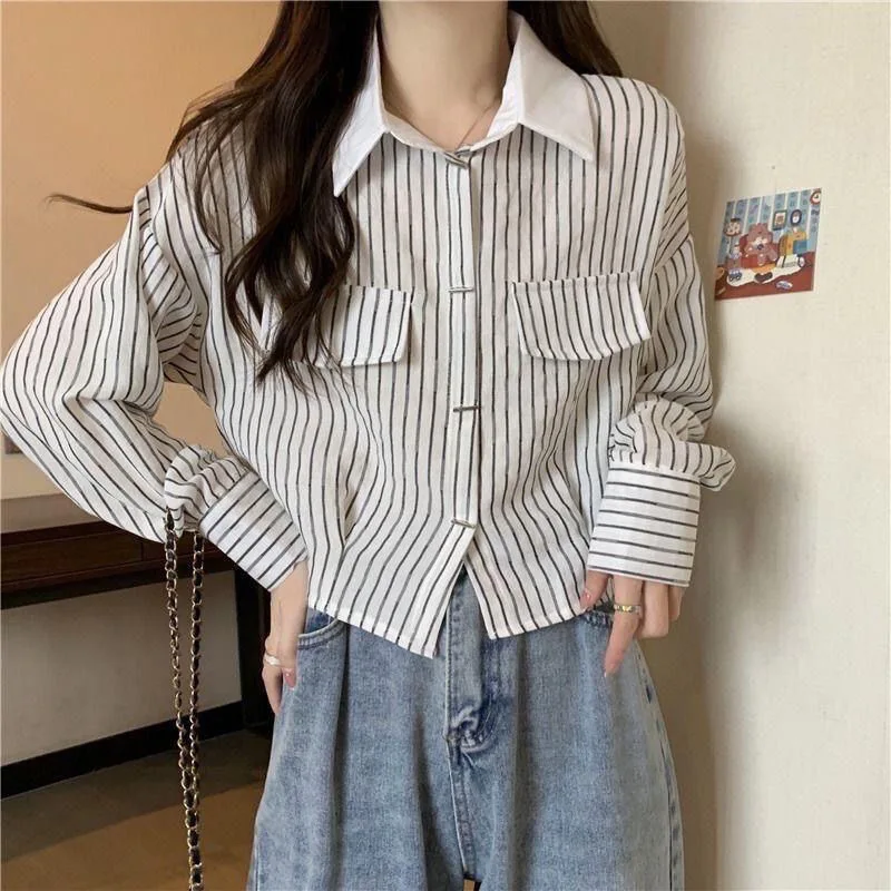 Striped Woman Spring Autumn Blouses Shirt Lady Loose Blusas Tops Turn-down Collar Short Shirt Women Long Sleeve Casual Blouse