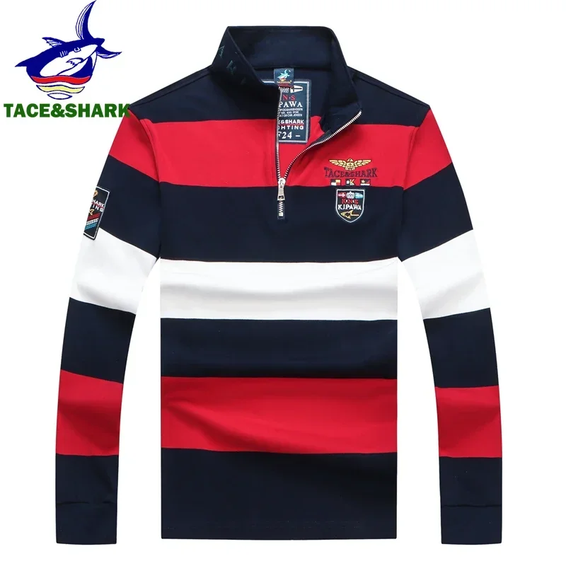 TACE&SHARK Brand Hot Sale Fashion Business Stripes Embroidery Long Sleeve Polo Shark Tops Men Autumn Half Zipper Slim Clothes