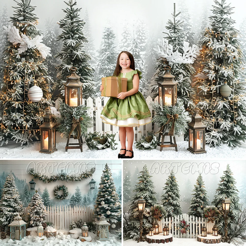 Winter Christmas Background Pine Trees Lanterns Wooden Fence Evergreen Branches Snowflake Baby Background Photo Studio Photocall