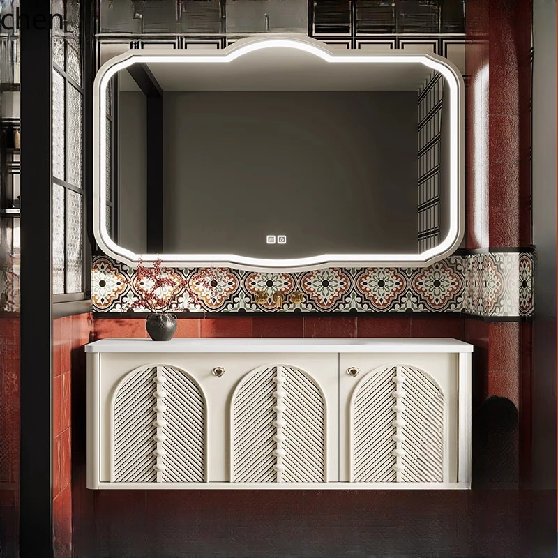 

HTT integrated basin bathroom cabinet combination cream wind rock slab hot bending washstand hand washbasin cabinet home decor