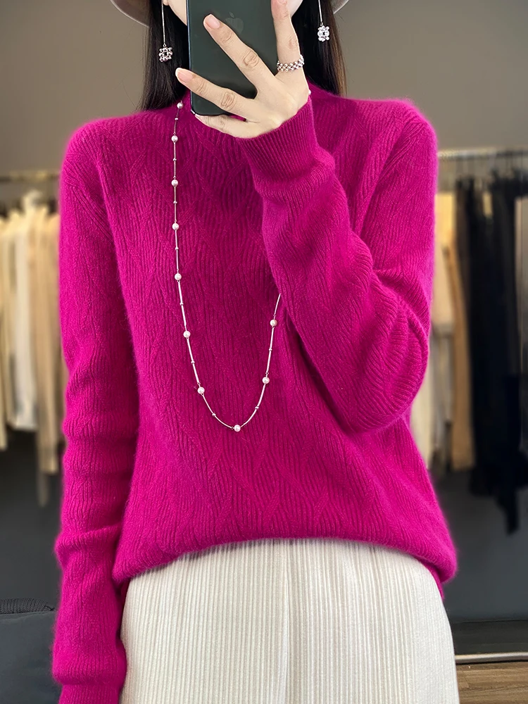 2023 New Women Sweater Autumn Winter Mock Neck Long Sleeve Pullover 100% Merino Wool Twist Basic Cashmere Knitted Female Clothes