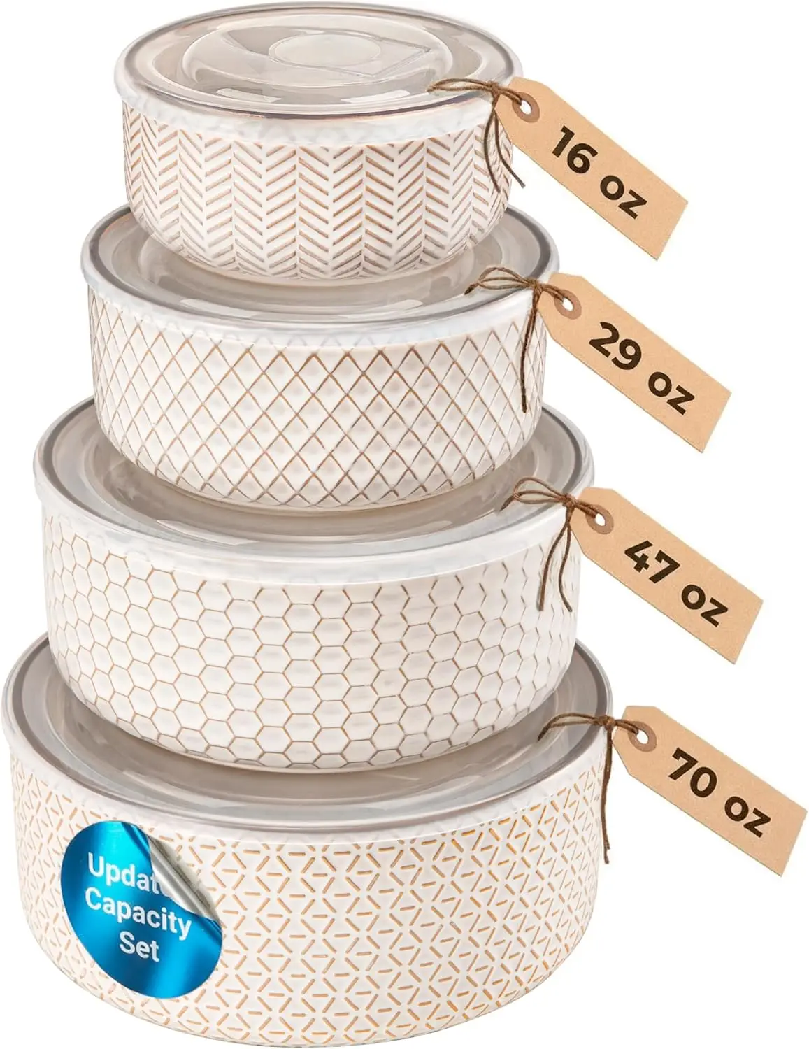 

Ceramic Mixing Bowls Set of 4 with Lids, Nesting, Microwave and Dishwasher Safe, Embossed Design, 16-70 oz